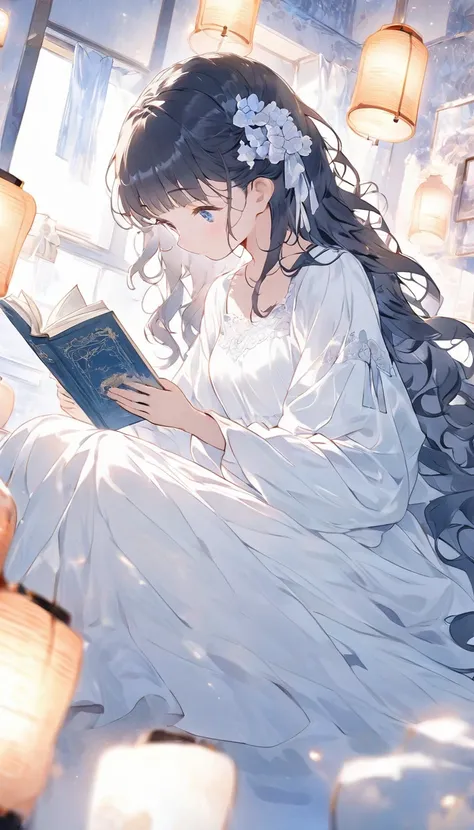 curly long hair, wearing a flowing white dress with lace details, floral hair accessories, sitting pose, looking down at a book, smooth fair skin, indoor cozy room, surrounded by glowing lanterns and framed pictures, soft warm lighting creating gentle shad...