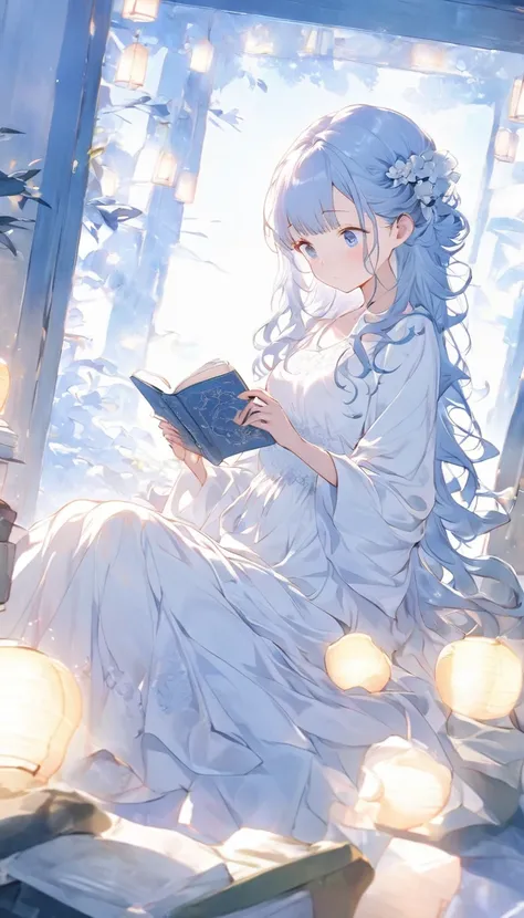 curly long hair, wearing a flowing white dress with lace details, floral hair accessories, sitting pose, looking down at a book, smooth fair skin, indoor cozy room, surrounded by glowing lanterns and framed pictures, soft warm lighting creating gentle shad...