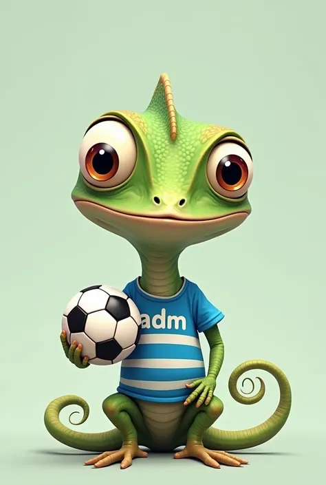 A cartoonish chameleon, with big eyes, wearing a blue and white t-shirt with the word &#39;ADM&#39; on it and holding a soccer ball
