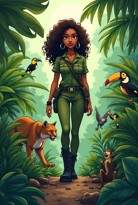 A cartoon woman with brown skin and curly hair wearing green military clothing and black combat boots in a tropical jungle with various wild animals found in Brazil and a puma