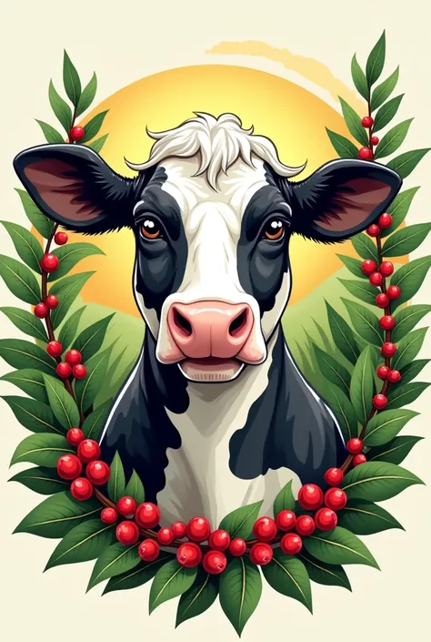 Create a logo containing a colorful image of a black and white dairy cow with a coffee plant loaded with red berries.