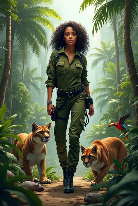 A 3D drawing of a woman with brown skin and curly hair wearing green military clothing and black boots in a tropical jungle with several wild animals found in Brazil and a puma