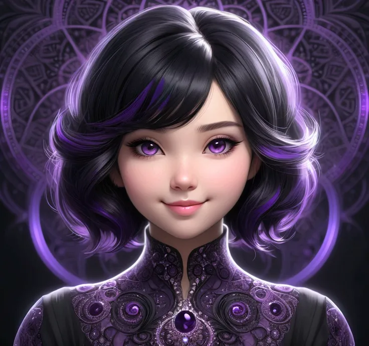 a girl, with a cute stylish hair, dark black hair with purple highlights, stylish modern black outfit, cute face, sexy, pretty, cute, smiling,chubby cheeks, emo girl but ferry cute,  (masterpiece, highest quality, highest quality, official art, beautiful a...