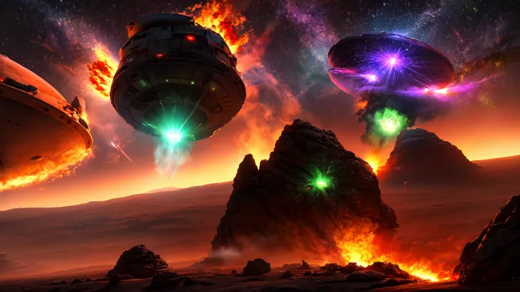 a ufo crashing into a rock on mars, explosions, fire, dramatic perspective, cinematic, highly detailed, photorealistic, 8k, HDR, award winning sci-fi concept art, dramatic lighting, cinematic composition, stunning visuals, vibrant colors purple and green