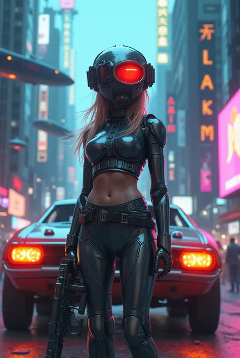 Girls head replace with cctv camera, A girl in an atompunk city, wearing a futuristic outfit, with glowing neon lights reflecting on her metallic, high-tech goggles and visor. She is holding a vintage raygun in her hand and standing in front of a retro-fut...