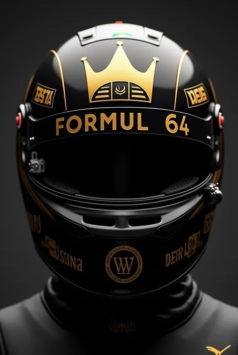 An f1 helmet,  I want a design on the helmet with the shape of a crown on the front of the helmet and on the sides like number 64. OBS: The crown must be gold and the helmet all black and with the number 64 GOLD, without STRIPES, place the small Brazilian ...