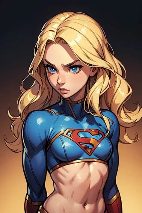 girl with wavy blonde hair, small breasts, 9 years, big feline blue eyes, Supergirl, small nose, fine facial features, thin face, thin arms, small waist, deep marked abs, Whole body, best quality masterpiece, ultra realistic, detailed)