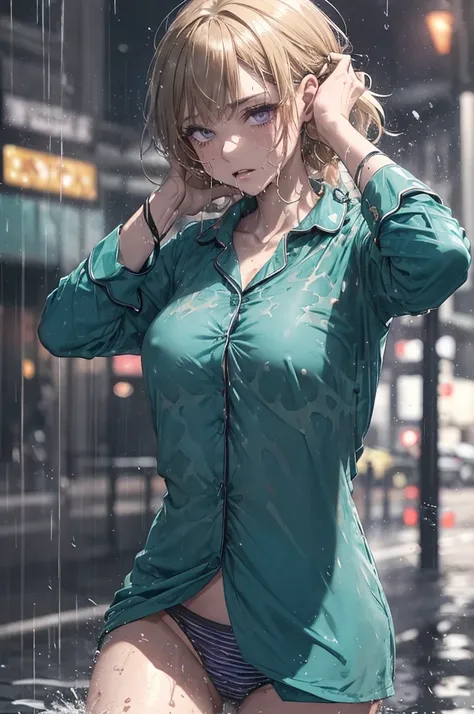 ((Teal and black stiped buttoned up pyjama shirt)), ((wearing nothing but her shirt, she is naked below her waist)), raining heavily, (striped shirt), outside, short caramel-blonde hair sticking to her face, sad but alluring purple eyes, teal coloured pyja...