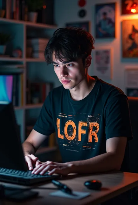 A guy in his room doing programming with a black t-shirt that says " LOFR"  on the t-shirt with pictures of rock bands
