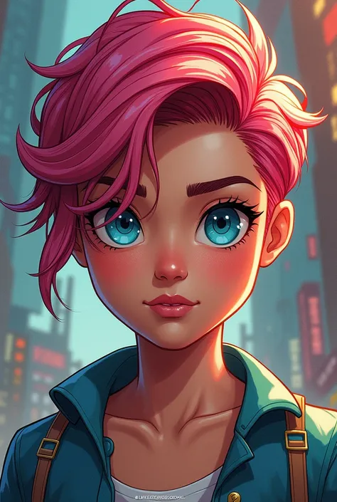 marvel comic panel, young person with androgynous and delicate features. tanned skin, bright blue eyes and short reddish pink hair