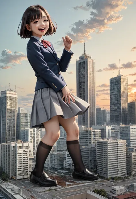 巨大なchild、super giant girl、child、girl、giantess、real、photograph、realistic、japanese women、navy blue blazer、grey skirt、red ribbon、bl...