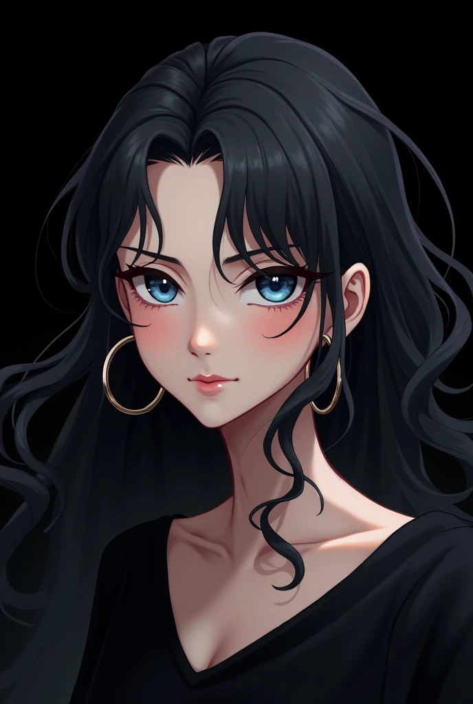 A striking portrait of a young woman with long, flowing black hair and intense blue eyes, Her hair appears windswept and curls frame her face. Her expression is intense yet pensive, with slightly flushed cheeks. She wears large hoop earrings, She seems to ...