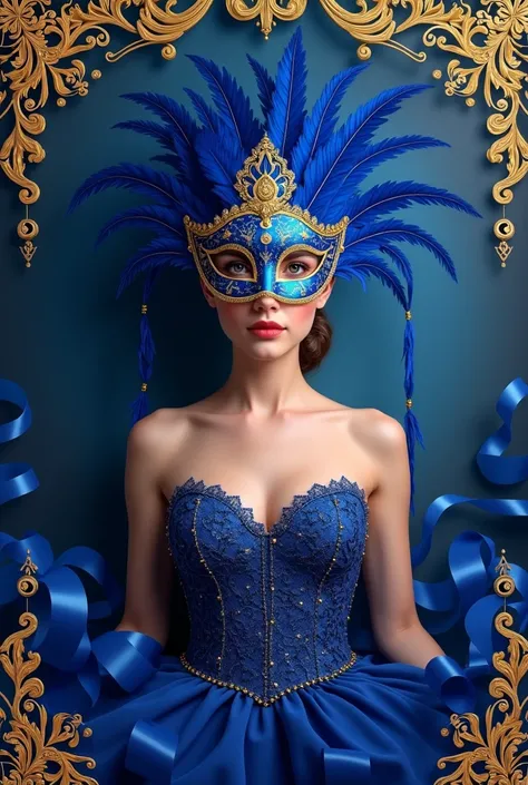 Quinceanera invitation with a royal blue and gold mask theme
