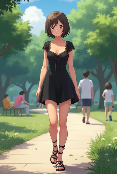 beautiful very fit anime tanned woman, age 25, brunette hair with short wedge hairstyle, medium breasts, cloudy gray square neckline black lace trimmed cap sleeve front string tie up skater mini dress, gladiator sandals, walking on a sidewalk in the park, ...