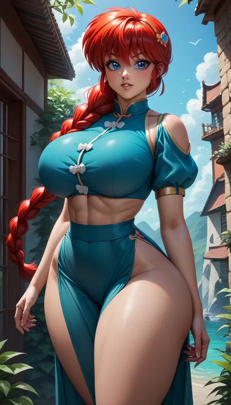 (ranma chan) (ranma saotome)(1solo)(1girl)((Solo)) ((Masterpiece)) ((High Quality)) (slim thick)((Perfect Face)) ((Huge Breasts)) ((Wide Hips)) ((Narrow Waist)) ((Beautiful)) ((Redhead)) ((Long Hair)) ((Light Skin)) ((Cute Nose)) ((BLue Eyes)) ((Young)) ((...