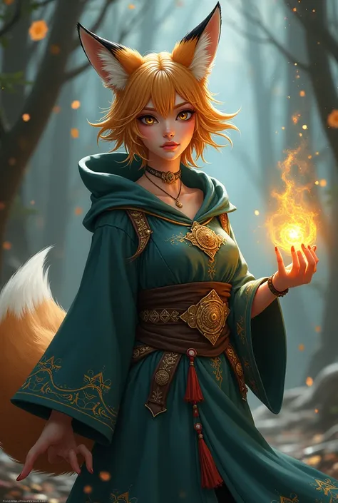 Fox Sorceress: A girl with a foxs tail and ears, her eyes bright and cunning. She wears mystical robes adorned with arcane symbols, and her movements are quick and agile, with a mischievous smile.