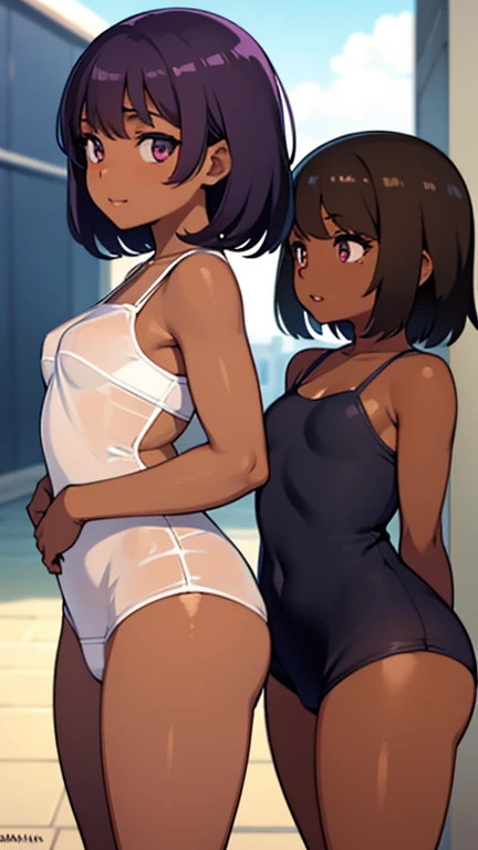 two people, two people women, elementary school students, low compliance, smallbreast, tanned brown skin, rear view, purples eyes, slightly separated lips, ssmile, shorth hair, bangss, high resolution, 