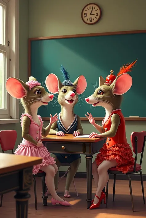 I want a burlesque drawing of 3 friendly rats gossiping in class 
