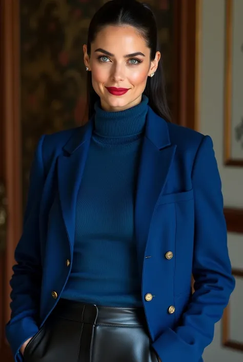 photo of a fully dressed female prime minister of parliament with a smile ( no nudity) ,Waiting for the man she loves , monica bellucci at 32 , ((incredibly clear blue eyes )) (( flirting with the camera)) (( smart smile looking at the camera)) (( Red lips...