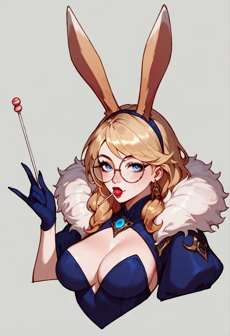 score_9, score_8_up, score_7_up, Aurora (league of legends), 1girl, blue eyes, blonde hair, sexy, full body, vampire dress, with candy lollipop, squinted eyes, earrings, long eyelashes, sexy, hallowen, big bust, round glasses, bunny ears