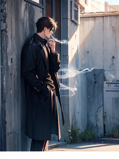 Side view of a cool guy smoking a cigarette leaning against a wall