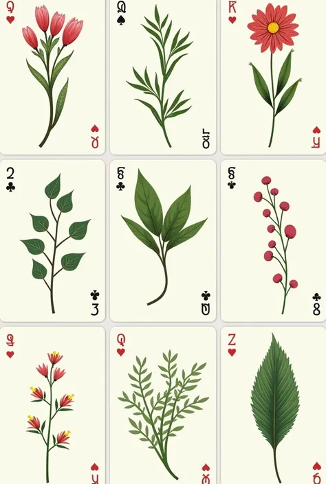 Playing cards that have plants as symbols
