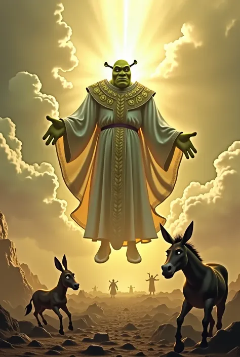 generates shrek coming down from heaven with a jesus tunic going to face titan megamind and donkey shrek on a battlefield