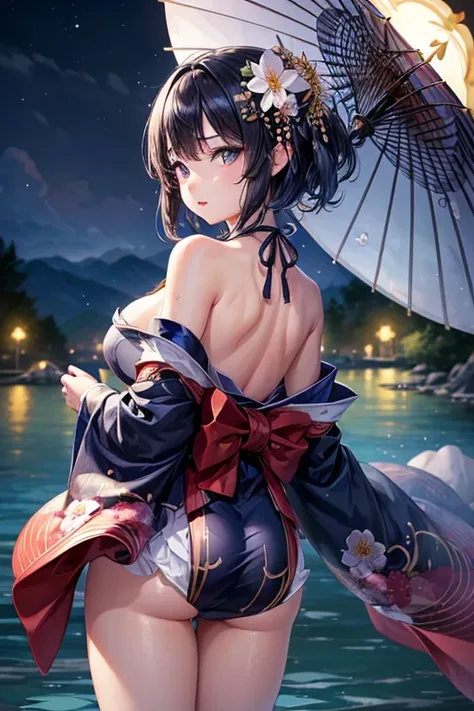 1 girl、chest、moon、Lantern、night、solo、Big Breasts、hair ornaments、Wet、kimono、kimono、water遊び、water、髪のflower、flower、Outdoor、null、満moon、rain、Black Hair、Off the shoulder、Mountain、cloud、hug、band、Bare shoulders、Lantern、Are standing、白いkimono、nightnull、Sideboob、band...