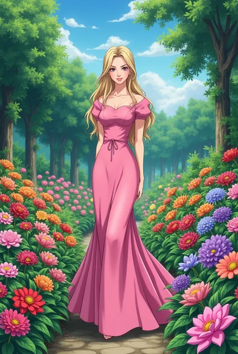 The kind and respectable woman with pink dress standing alone in a garden full of beautiful flowers generate in Jojos bizzare adventure anime style 