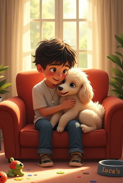 Create a warm portrait of a dark-haired boy hugging a rescued French Poodle in a home environment filled with natural light. The boy is sitting on a sofa next to a window, smiling as the dog curls up happily on his lap, with shining eyes and an expression ...