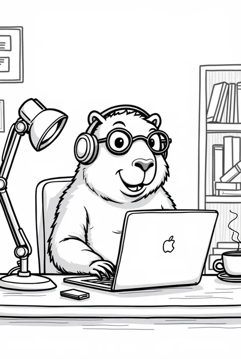 A illustration of a capybara (capybara) working as a computer scientist. The capybara is sitting in front of a laptop computer at a desk, with a concentrated expression. He is wearing glasses and headphones, and there are details such as a coffee cup and s...