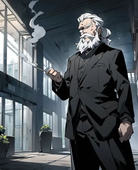 Older man with a white beard, and a patch on his right eye, wearing black suit, standing smoking, in a building , seen from the front, anime style 