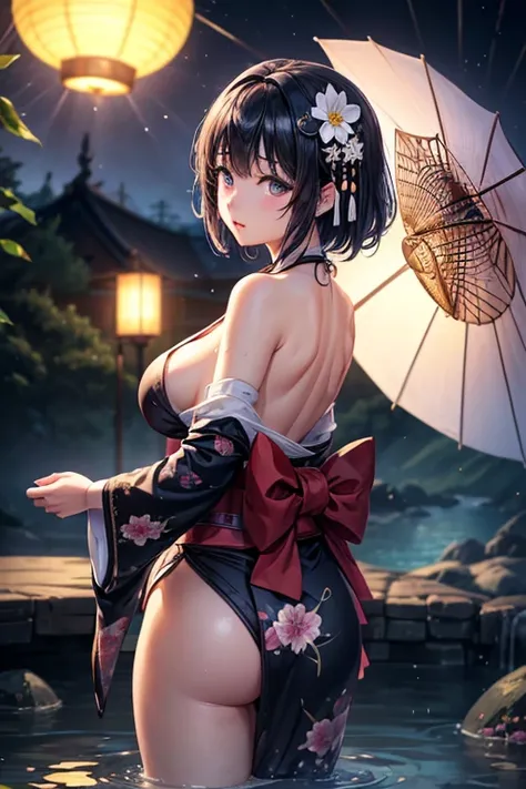 1 girl、chest、moon、Lantern、night、solo、Big Breasts、hair ornaments、Wet、kimono、kimono、water遊び、water、髪のflower、flower、Outdoor、null、満moon、rain、Black Hair、Off the shoulder、Mountain、cloud、hug、band、Bare shoulders、Lantern、Are standing、白いkimono、nightnull、Sideboob、band...