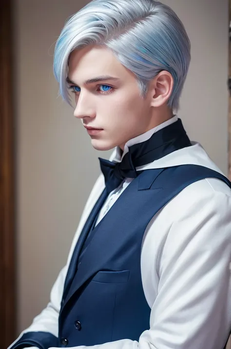 Beautiful young man, silver hair, white and blue heterochromatic eyes, aristocratic formal attire 