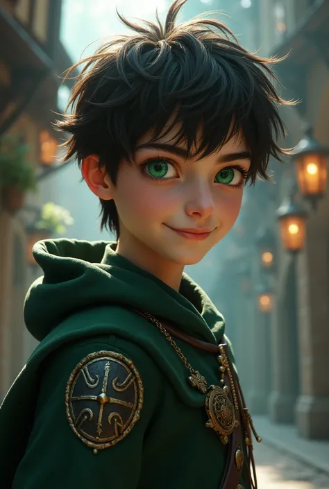 Create a dark brown haired boy, vivid green eyes and white skin. He has vibrant eyes and a captivating smile., thin lips and has a good physical build. Medieval style image