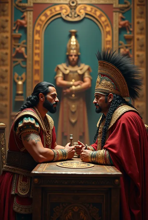 A tense negotiation scene between Hernán Cortés and Montezuma II, with intricate Aztec art and luxurious surroundings, contrasting with the underlying tension and treachery in their expressions."