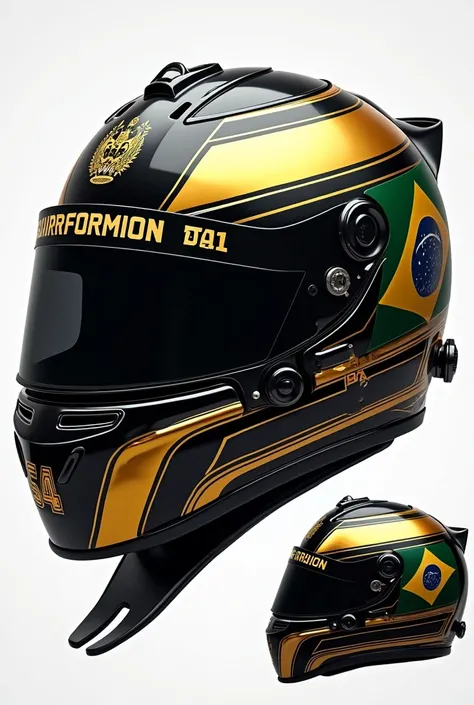 An f1 helmet, I want the following items to be contained in this helmet:.

.a crown 
.the flag of Brazil and the state of Minas Gerais (small)
.the helmet has to be all black, and with the number 64 in Golden 
.and some stripes in Gold Show me the helmet f...