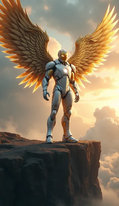 Iron Man, resplendent in white and gold armor, stands on the edge of a high cliff, his massive wings spread wide against a stormy sky. The armor, detailed and hyper-realistic, gleams with intricate panels, the white reflecting flashes of distant lightning ...