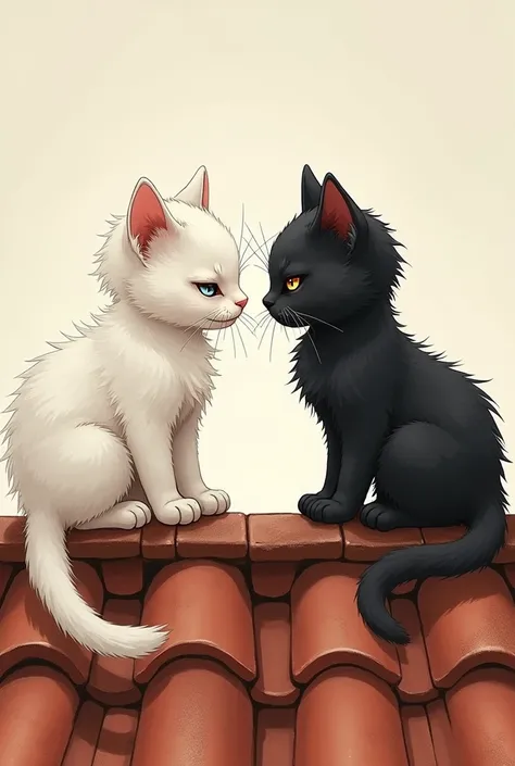 two male kittens, one has lush white fur, while the other has dark black fur. They are both on the rustic red tile roof but they seem angry with each other, and they sleep on opposite sides of the place. Let the drawing style be Giblin.