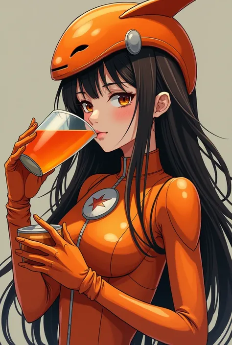 brown girl, Long dark brown hair, drinking orange licor, segurando o capacete do orange fish, body skinny, orange power ranger armor, orange fish, anime styling