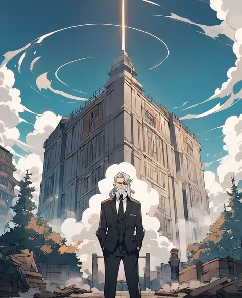 Older man with a white beard, and a patch on his right eye, wearing black suit, standing smoking, oak of a building  , seen from the front, anime style 