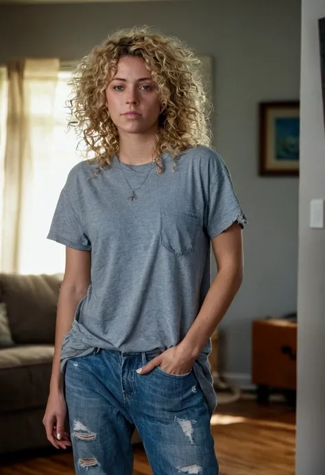 A 30 year old woman, this person does not exist, thin body, curly dyed blonde hair, casually dressed, wearing a loose fitting grey tshirt with baggy ripped blue jeans and sneakers, chill expression, standing in her living room, entire person visible, skin ...