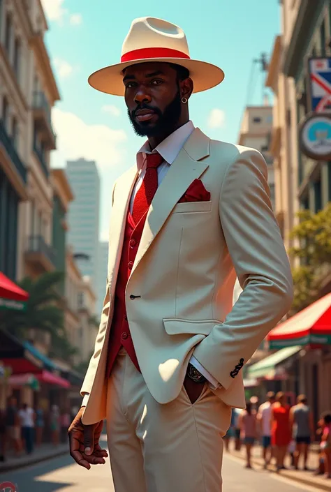 Zé Pilintra, an entity of Umbanda, an Afro religion, on the streets of Rio de Janeiro with his white suit, red tie and white hat with red stripe 