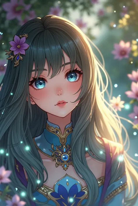 A beautiful young anime girl with glowing blue eyes, long flowing blue hair, detailed facial features, wearing a colorful fantasy costume, standing in a lush, vibrant fantasy landscape with magical elements, (best quality,4k,8k,highres,masterpiece:1.2),ult...