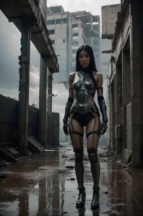 "Create a realistic full-body image of an Asian woman with a stoic expression. She has a beautiful figure, blending human and cybernetic features. Her body is a mix of flesh and reflective silver-black metal, giving her a futuristic appearance. She stands ...