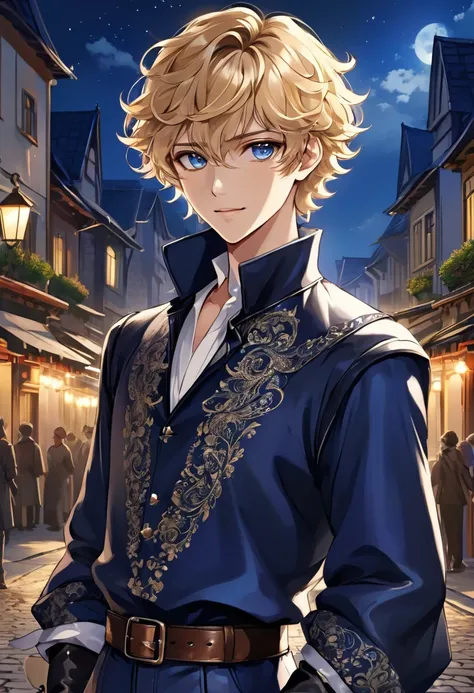 masterpiece, safe, best quality, expressive eyes, perfect face a young anime man in renaissance, historical, fantasy wearing with short wavy curly blonde hair, saphire eyes. standing in a festival town at night time with a cheerful expression. He wore a ta...