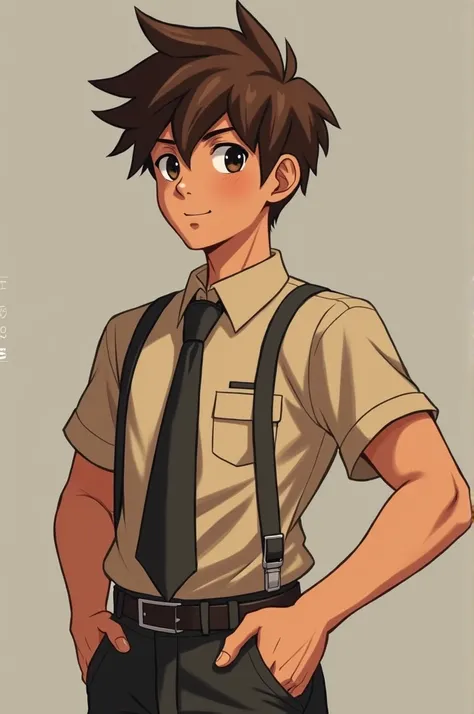 An alpha boy with brown hair, black eyes, muscular, high, to be shy, and have a light brown cafeteria uniform