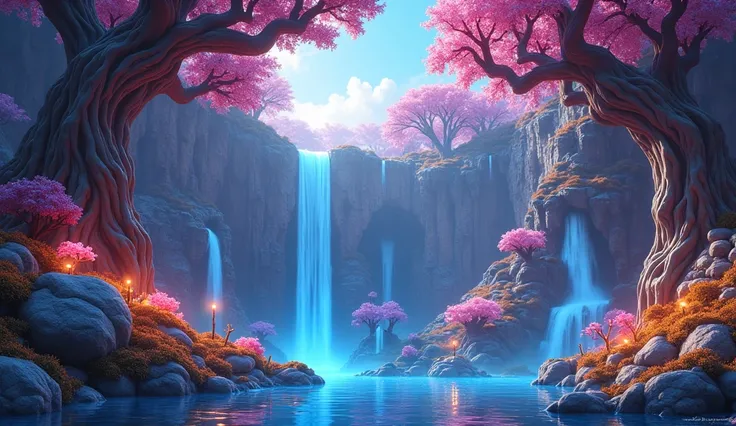 In 3D animation style:A vibrant, fantastical world inside the well with surreal landscapes, glowing flora, and giant, twisted trees.