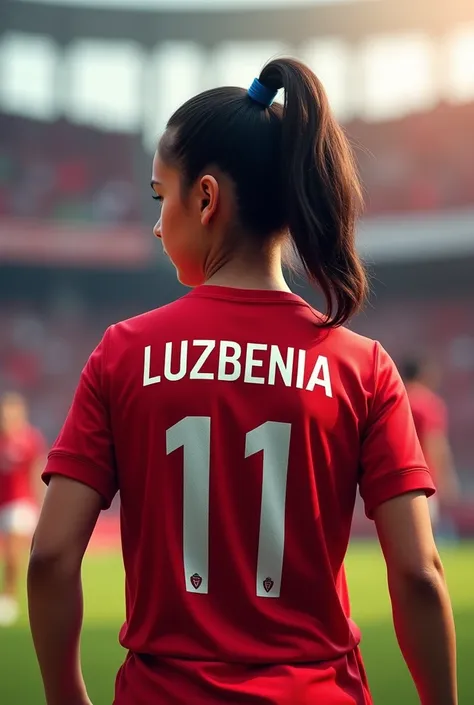 A girl with the name Luzbenia on the back of the Peruvian national team&#39;s polo shirt