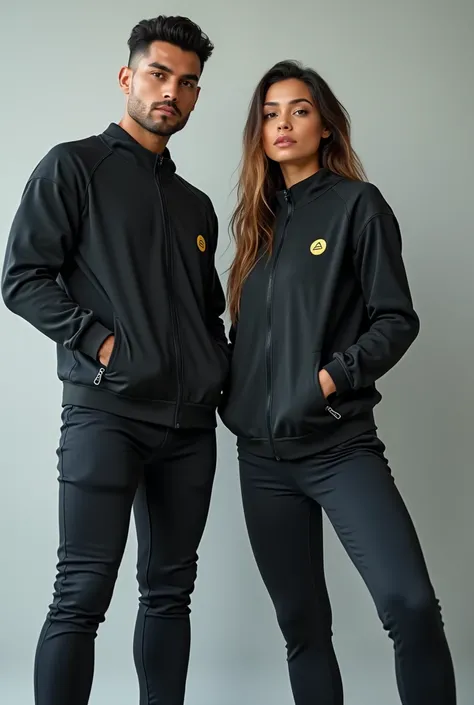 CREATE AN IMAGE OF TWO MODELS, man and woman, TO MODEL SPORTS DIVERS ( JACKET AND PANTS), THIS PHOTO SHOULD BE IN A STUDIO AND THEY SHOULD LOOK COMFORTABLE. I WANT THE MODELS TO HAVE STYLISH FEATURES WITH LOOSE AND COMFORTABLE SPORTS SWEATSHIRTS
